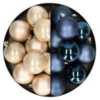 24x stuks kunststof kerstballen mix van donkerblauw en champagne 6 cm - thumbnail