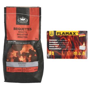 BBQ starterspakket - houtskool briketten 3 kilo - barbecue aanmaakblokjes 32x - Briketten