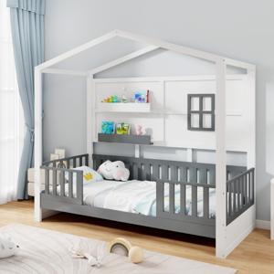 Houten Huisvormig Bed voor Kinderen met Raam 2 Planken en Leuning Lattenbodem Speelbed voor Jongens en Meisjes Eenpersoonsbed