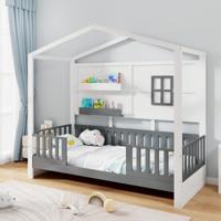 Houten Huisvormig Bed voor Kinderen met Raam 2 Planken en Leuning Lattenbodem Speelbed voor Jongens en Meisjes Eenpersoonsbed
