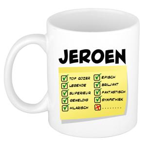 Naam mok Jeroen - wit - top gozer - keramiek - 300 ml - cadeau collega beker