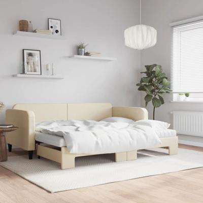 Slaapbank met onderschuifbed en matrassen 90x200 cm stof crème