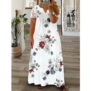 dames plus size curve casual jurk bloemen lange jurk maxi jurk korte mouw kant ruches v-hals fashion outdoor wit rood zomer lente l xl xxl 3xl 4xl Lightinthebox