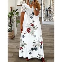 dames plus size curve casual jurk bloemen lange jurk maxi jurk korte mouw kant ruches v-hals fashion outdoor wit rood zomer lente l xl xxl 3xl 4xl Lightinthebox