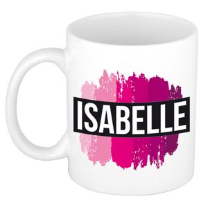 Naam cadeau mok / beker Isabelle met roze verfstrepen 300 ml