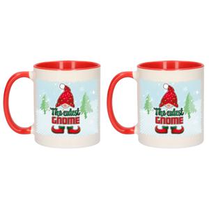 Kerst cadeau koffiemok - 2x - gnoom - kerstkabouter - rood - 300 ml - keramiek