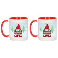 Kerst cadeau koffiemok - 2x - gnoom - kerstkabouter - rood - 300 ml - keramiek