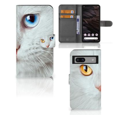 Google Pixel 7A | Telefoonhoesje | Met pasjeshouder | Witte Kat