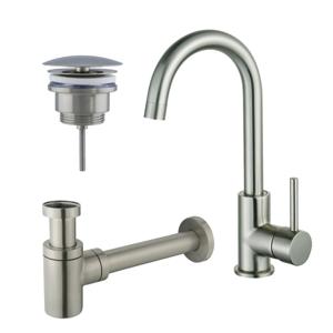 Fortifura Calvi Wastafelkraanset - hoge wastafelkraan - draaibare uitloop - always open plug - verlaagde design sifon - Geborsteld RVS PVD (RVS) SW809348/SW696207/SW696217