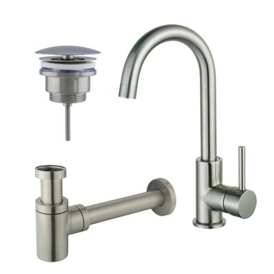 Fortifura Calvi Wastafelkraanset - hoge wastafelkraan - draaibare uitloop - always open plug - verlaagde design sifon - Geborsteld RVS PVD (RVS) SW809348/SW696207/SW696217