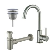 Fortifura Calvi Wastafelkraanset - hoge wastafelkraan - draaibare uitloop - always open plug - verlaagde design sifon - Geborsteld RVS PVD (RVS) SW809348/SW696207/SW696217