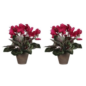 2x stuks cyclaam kunstplanten donker roze in keramieken pot H30 x D30 cm