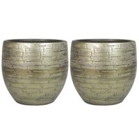 Set van 2x plantenpot/bloempot keramiek glans goud stones patroon - D16/H14 cm - Plantenpotten - thumbnail