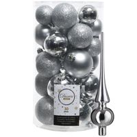 Decoris kerstballen 30x stuks - zilver 4/5/6 cm kunststof mat/glans/glitter mix en piek - thumbnail