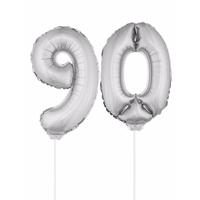 90 jaar leeftijd feestartikelen - versiering cijfers - zilver - ballonnen op stokje - van 41 cm