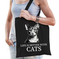 Cadeau tas voor kattenliefhebbers - zwart - Cornish Rex kat/poes - katoen - 42 x 38 cm