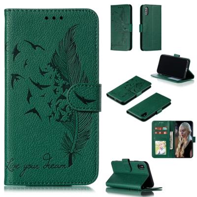 Feather patroon Litchi textuur horizontale Flip lederen draagtas met portemonnee & houder & kaartsleuven voor iPhone XS/X (groen)