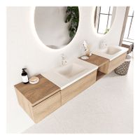Mondiaz Bukla 240cm badmeubel met open module 40 rechts kleur washed oak 3 lades wastafel dubbel 2 kraangaten kleur talc