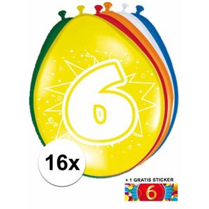 Versiering 6 jaar ballonnen 30 cm 16x + sticker