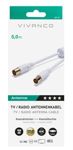 Vivanco Antenne Aansluitkabel [1x Antennebus 75 Ω - 1x Antennestekker 75 Ω] 5.00 m 110 dB Vergulde steekcontacten, Met Ferrietkern Wit