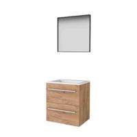 Basic-Line Framed 46 Badkamermeubelset - 60 x 46 cm - Met Grepen - 2 Lades - Acryl Wastafel - 1 Kraangat - Spiegel met Zwart Aluminium Frame - Whisky Oak