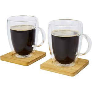 Dubbelwandige koffieglazen/theeglazen 350 ml - set van 8x stuks - met bamboe onderzetters