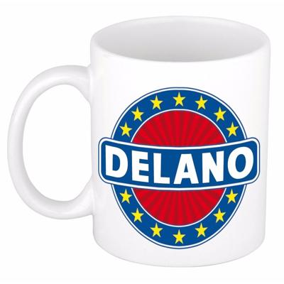 Delano voornaam koffiemok - beker - wit/blauw - 300 ml - Cadeau - Heren - Collega - Vaderdag