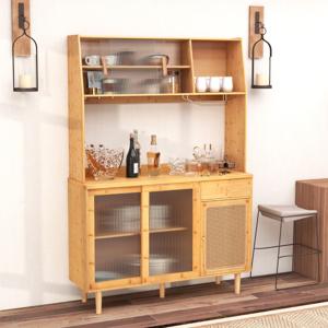 Keukenbuffet met Schuifdeur & Rotan Deur & Haak & Glashouder & Lade Buffetkast Keukenkast Bamboe Landelijke Stijl Natuur