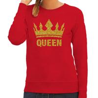 Koningsdag Sweater voor dames - Queen - glitter goud - rood - feestkleding