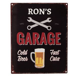 Clayre & Eef Tekstbord 20x25 cm Zwart Ijzer Bierglas Ron's Garage Wandbord Zwart Wandbord