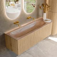Badmeubel Mondiaz Kurve-Dlux | 145 cm | Meubelkleur Oak | Wastafelkleur Saba | Solid surface | Wasbak linker zijde spoelbak | Zonder kraangat(en)