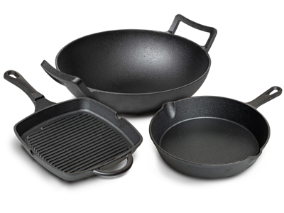 Blackwell Pannenset Gietijzer - Grillpan 23 x 23 cm, Koekenpan ø 25 cm & Wok ø 32 cm - 3 Delig