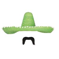 Carnaval verkleed set - Mexicaanse sombrero hoed met plaksnor - groen - heren