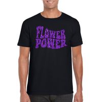 Zwart Flower Power t-shirt met paarse letters heren 2XL  - - thumbnail