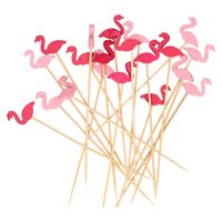 Cocktail/tapas prikkers - flamingos - 20x stuks - bamboo - 12 cm
