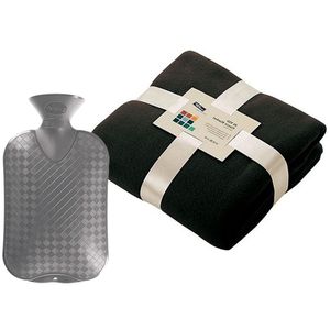 Fleece deken/plaid - zwart - 130 x 170 cm - kruik - 2 liter