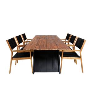 Doory tuinmeubelset tafel 100x250cm en 6 stoel Little John naturel, zwart.