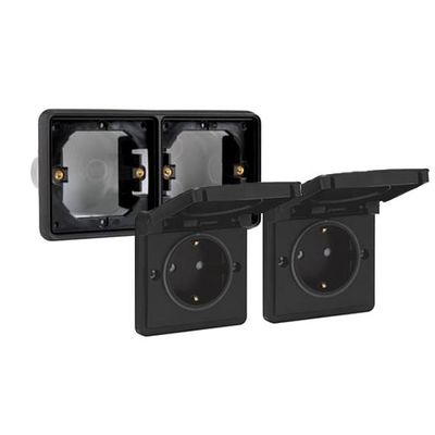 Niko Hydro dubbel stopcontact zwart waterdicht IP55 horizontaal kinderveilig