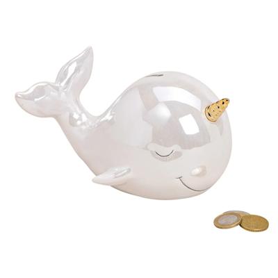 Luxe spaarpot Narwal walvis - keramiek - zeedieren - glans wit - 18 cm