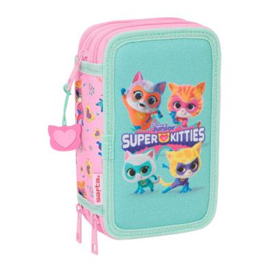 Driedubbele Pennenzak SuperKitties Roze Turkoois 12,5 x 19,5 x 5,5 cm 37 Onderdelen