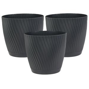 Form Plastic Plantenpot/bloempot Waves - 3x - kunststof - antraciet - D19 x H17 cm - met schotel