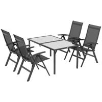 Outsunny Tuinset voor buiten, 4 inklapbare stoelen, tafel met glazen blad, verstelbare rugleuning, aluminium, donkergrijs