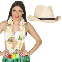 Carnaval verkleedset - Tropical Hawaii party - stro cowboy hoed - en volle bloemenslinger wit - thumbnail