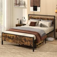 Bedframe voor 200 x 140 cm Matras Industrieel Metalen bed met Houten Hoofd- en Voeteneinde