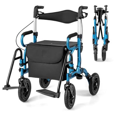 2-In-1 Rollator met Luchtbanden en Zitting Rolstoel en Reisrollator Loophulp 6-Voudig in Hoogte Verstelbaar Loopwagen met Tas
