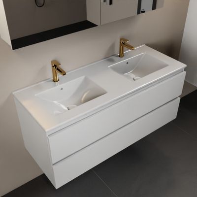 MONDIAZ AIVY 120cm badmeubel Talc, wastafel glanzend wit keramiek dubbel 2 kraangaten met spiegelkast (M60104 - AI-M120TADU - AI-C120TAMI)