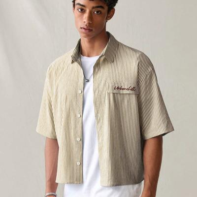 Bon&Bon Men's Striped Short Sleeve Shirt | Loose Fit Casual Blue Top Coffee Brown / XL