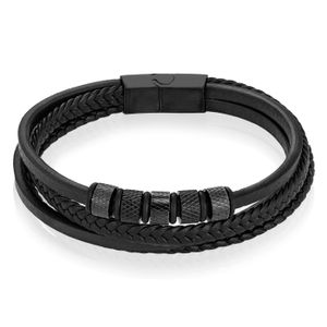 Leren Multi armband Mendes RVS kralen Zwart-20.5cm