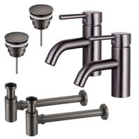 Fortifura Calvi Wastafelkraanset - voor dubbele wastafel - lage wastafelkraan - klikwaste plug - verlaagde design sifon - Geborsteld Gunmetal PVD 2x SW766540/2x SW767288/2x SW767295