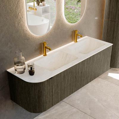 Badmeubel Mondiaz Kurve-Dlux | 145 cm cm | Meubelkleur Shadow | Wastafelkleur Opalo | Solid surface | Dubbel / Rechts spoelbak | 2 kraangaten